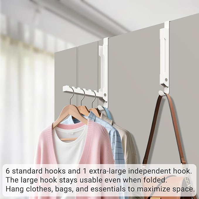 2-Pack Foldable Over The Door Organizer Hanger, 7-in-1 Space Saver with 6 Grooves & 1 Always-Usable Hook for Coat, Bag, Towel - Ideal for Entryway, Bedroom, Bathroom, Dorm, Travel, White