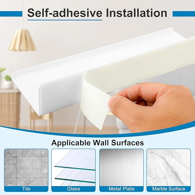 SAYAYO White Floating Shelves for Wall Storage, 12 Inch Adhesive Wall Shelves for Bedroom Decor, Display Bathroom Shelf Organizer for Kitchen, Living Room, Office, 2pcs