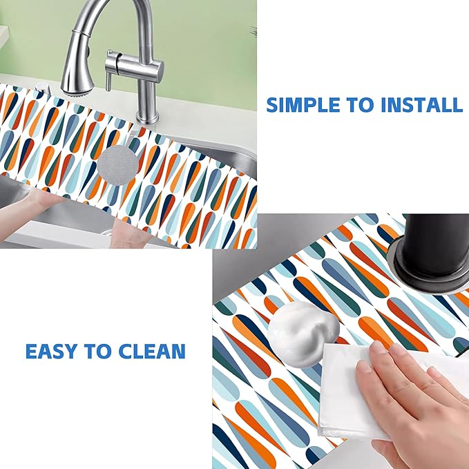 Mid-Century Drop Shapes Kitchen Sink Splash Guard Mat Absorbent Fast Drying Mat Faucet Draining Mat Sink Splash Guard Behind Faucet Drip Catcher for Kitchen Bathroom 5.5"×24"