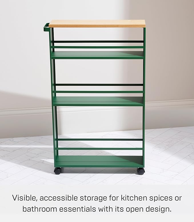 YAMAZAKI Home Slim Rolling Storage Cart – Narrow Kitchen Storage Cabinet with Handle, Slim Storage Cart with Wheels, Easy Assembly, 32" - Steel -