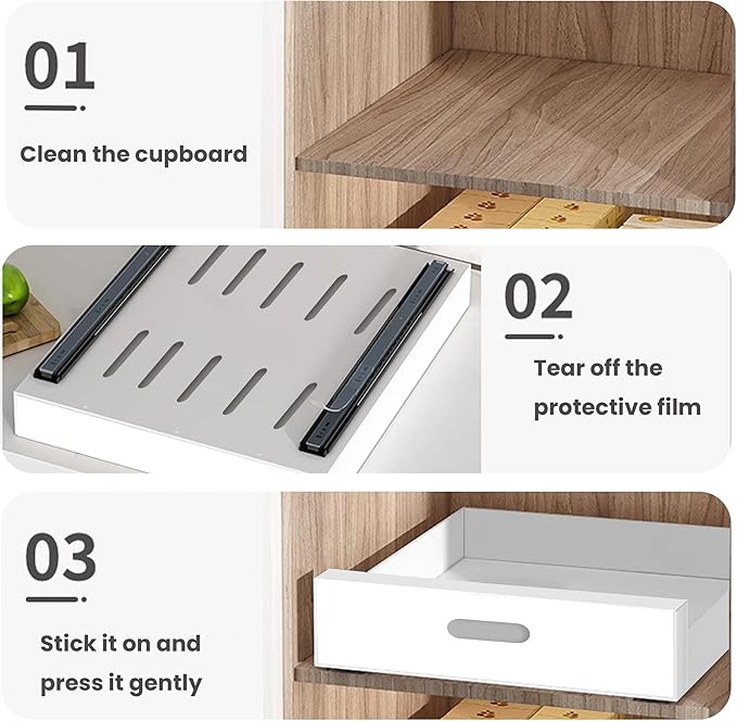21'' Deep Pull Out Cabinet Organizer Adhesive, 10-Inch Wide Sturdy Carbon Steel Cabinet Drawers Slide Out, Pantry Storage Shelves for Kitchen, Bathroom and Living Room