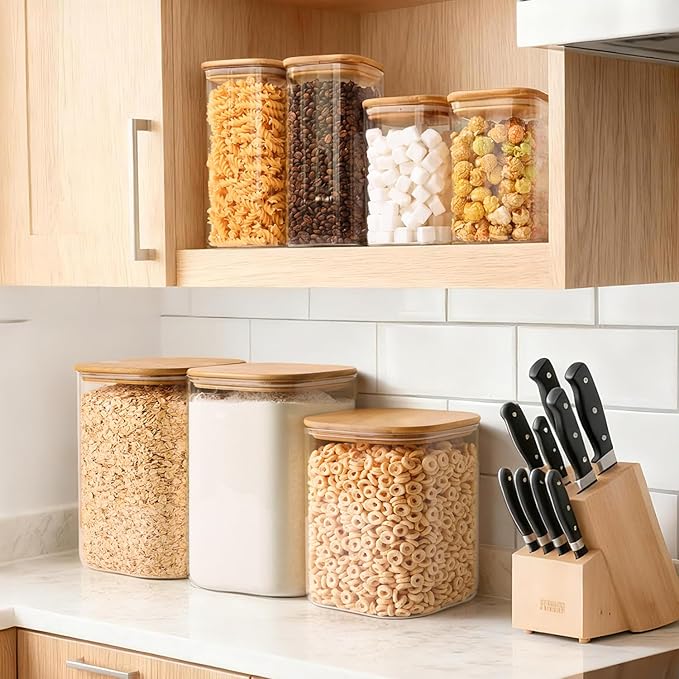 Glass Flour and Sugar Containers, Square Glass Containers with Bamboo Lids, Gallon Jars with Bamboo Lids for Cookies, Coffee Beans （2 pack 1.6/4.6 qt）