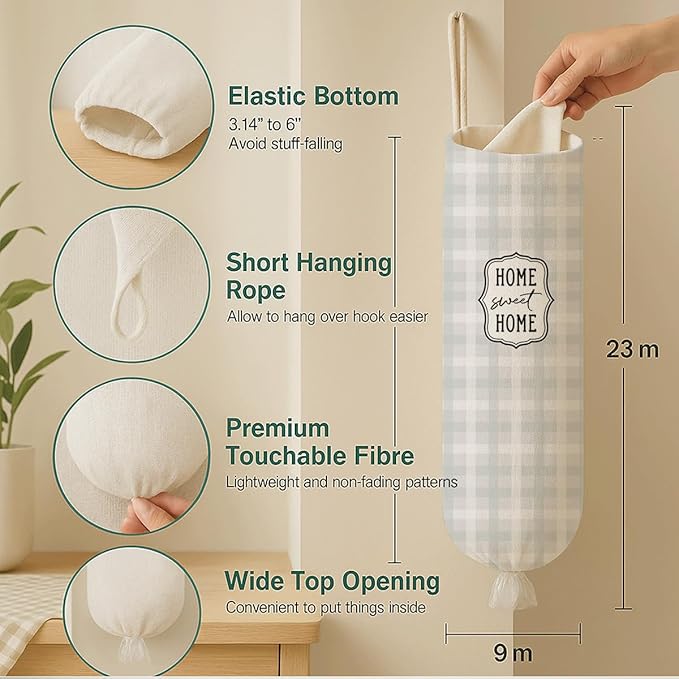 Plastic Bag Holder, Home Sweet Home Plastic Bag Holder for Kitchen Essentials, Beige Grid Bags Holders for Plastics Bags Groceries Store, Kitchen Gifts to Women Family Friends