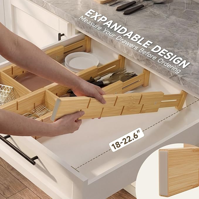 Kitchen Drawer Organizer, Expandable Bamboo Drawer Divider, Include 8 Dividers, 8 Small Inserts and 8 Medium Inserts for Home, Office, Dressers (Long-8 Dividers)
