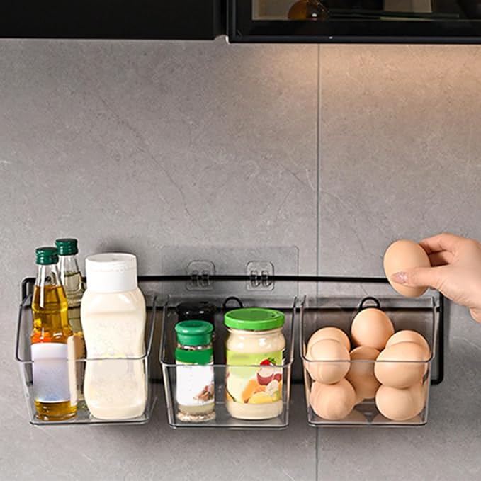 Wall Mounted Storage Container, 3 Storage Grid Clear Plastic Self-Adhesive Hanging Onion and Potato Storage with Metal Rack and Traceless Sticker for Kitchen/Bathroom/Organizer Pantry