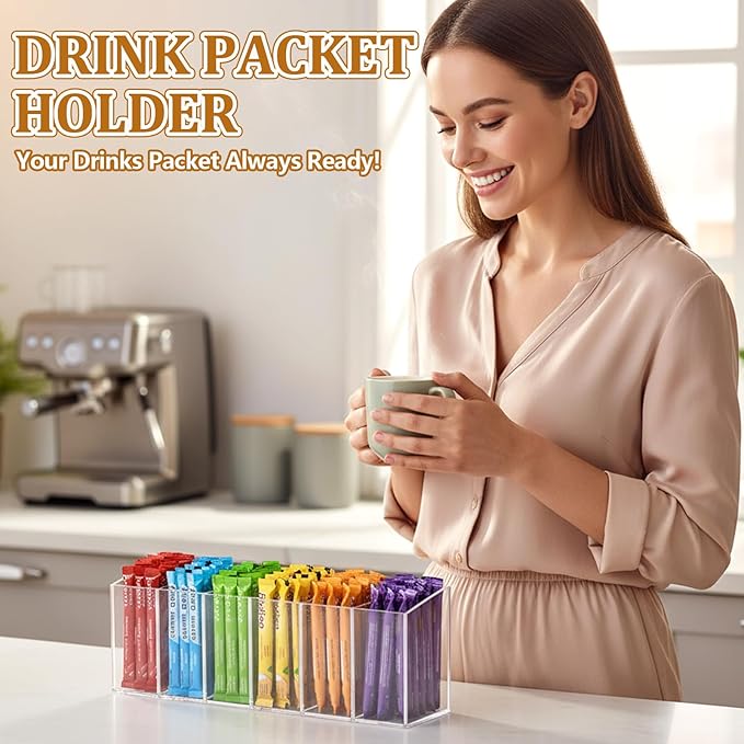 Drink Packet Organizer, Adhesive & Magnetic Water Packet Holder with Removable Divider & 6 Compartment, Clear Acrylic Water Flavor Packet Organization Container for Kitchen Bins Cabinets Organizer