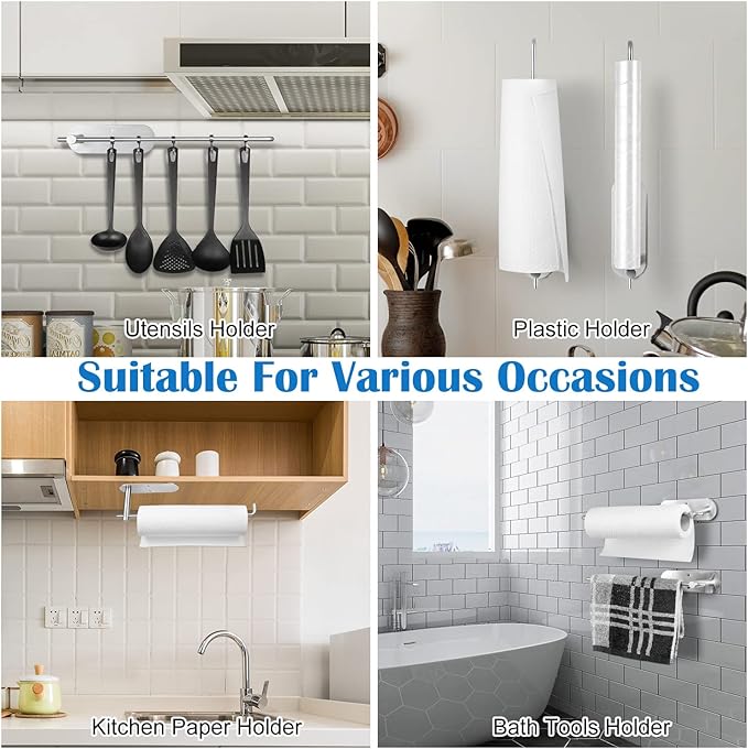 Paper Towel Holder Under Kitchen Cabinet - Self Adhesive or Drilling Paper Towel Holder Stick on Wall for Kitchen, Bathroom, Cabinets, SUS304 Stainless Steel - Silver