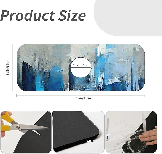 Kitchen Sink Splash Guard，Blue grey and more colors abstract Faucet Mat Sink Gadgets-Super Absorbent Fast Drying Mat Drip Catcher for Kitchen, Bathroom,Sink Mat, Dish Drying Mat, Bathroom(15" X 5.5" )