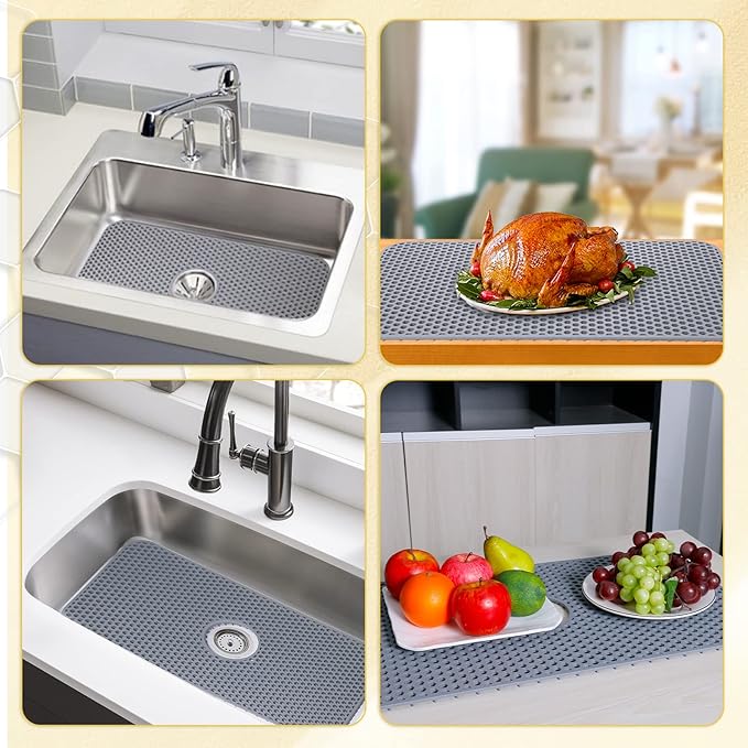 Bestjing Silicone Sink Mat, 26'' x 14'' Protectors for Kitchen Sink with Center Drain, Kitchen Protector Accessory, Non-Slip Grid Mat for Bottom of Farmhouse Porcelain Stainless Steel(Center Hole)