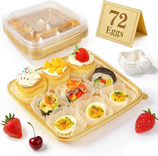 77L 72 Eggs Clear Deviled Egg Tray with Lid – Gold Plastic Party Serving Tray with Greaseproof Paper for Deviled Eggs, Sushi & Desserts