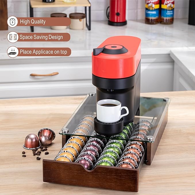 Rice rat Nespresso Pod Holder Vertuo Pod Drawer With Glass For Cabinet Vertuoline Pod Storage Rack For Counter (40 Pods)