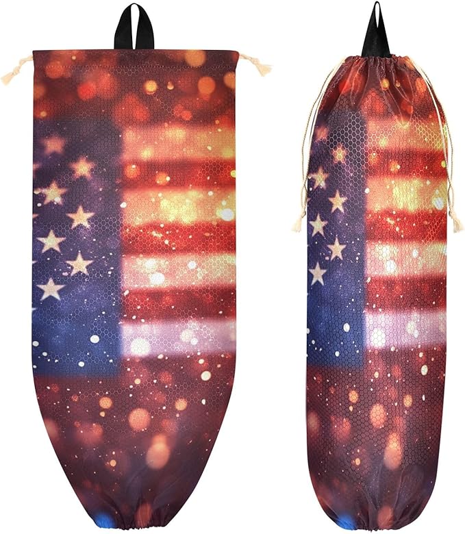 Plastic Bag Holder Wall Mount Grocery Bag Shopping Bag Storage Holder Organizer Dispenser with Adhesive Hook,for Kitchen Bathroom Home Decor 9x22 Inches July 4th Abstract Blurry Flag Red37