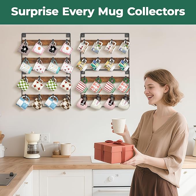 EsLuker.ly Mug Holder Hanger Rack Wall Mounted Wooden 4 Pack Coffee Cup Storage Organizer Display Shelf with 32 Removable Plastic Hooks, Ideal for Mug Collectors