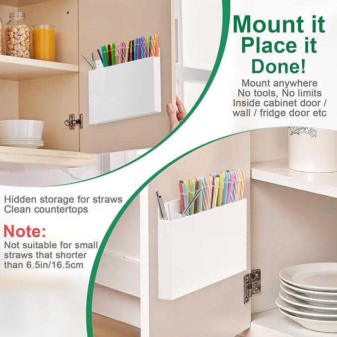 Acrylic Straw Holder for Cabinet Door, White Front Panel Straws Organizer with Adhesive or Magnetic Mount, Reusable Straw Storage Container for Kitchen, Cupboard, Bar Counter – 1 Pack