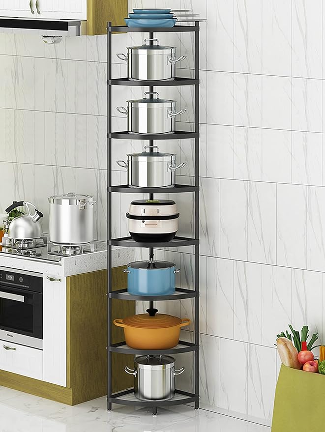 Kitchen Corner Shelf Rack, Multi-layer Pot Rack Storage Organizer Metal Shelves Holder (8 Tier)