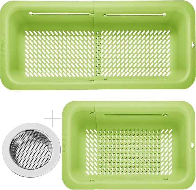 LASSHSWA Collapsible Colander and Strainer for Kitchen, Over the Sink Strainer Basket for Kitchen, Fruit Pasta Food Strainer Expandable Plastic Colander (Green)
