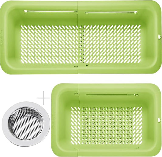 LASSHSWA Collapsible Colander and Strainer for Kitchen, Over the Sink Strainer Basket for Kitchen, Fruit Pasta Food Strainer Expandable Plastic Colander (Green)