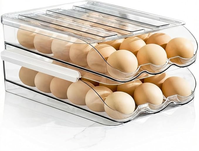 2 Tier Egg Holder for Refrigerator with Lid, Large Capacity Holds 36 Eggs in Clear Plastic Container Stackable Bin Organizer for Kitchen Storage, Refrigerator, Countertop