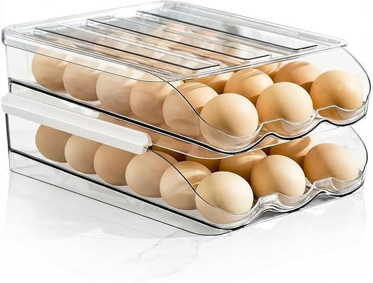 2 Tier Egg Holder for Refrigerator with Lid, Large Capacity Holds 36 Eggs in Clear Plastic Container Stackable Bin Organizer for Kitchen Storage, Refrigerator, Countertop