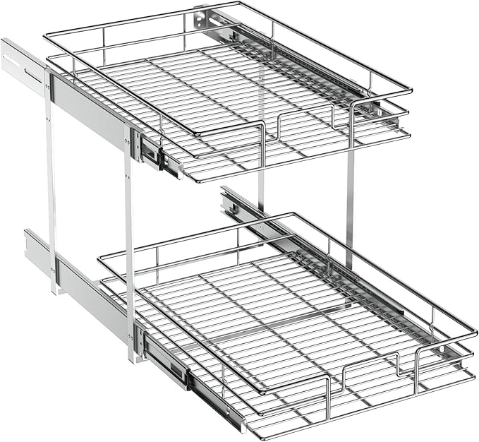ROOMTEC Pull Out Cabinet Organizer (14" W x 18" D),2 Tier Pull Out Storage Shelf Drawer Basket,Sliding Shelves for Base Cabinet Organization in Kitchen, Bathroom, Pantry