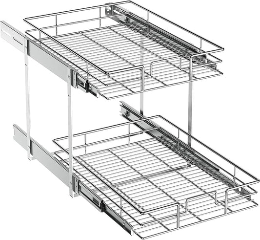 ROOMTEC Pull Out Cabinet Organizer (14" W x 18" D),2 Tier Pull Out Storage Shelf Drawer Basket,Sliding Shelves for Base Cabinet Organization in Kitchen, Bathroom, Pantry