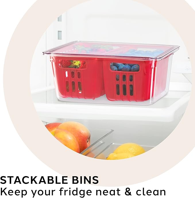 Oggi Berry Container for Fridge - Double Colander Basket - Ideal Berry Containers for Fridge, Includes Berry Colander Insert (8.75" x 6.75" x 3.75"), Red