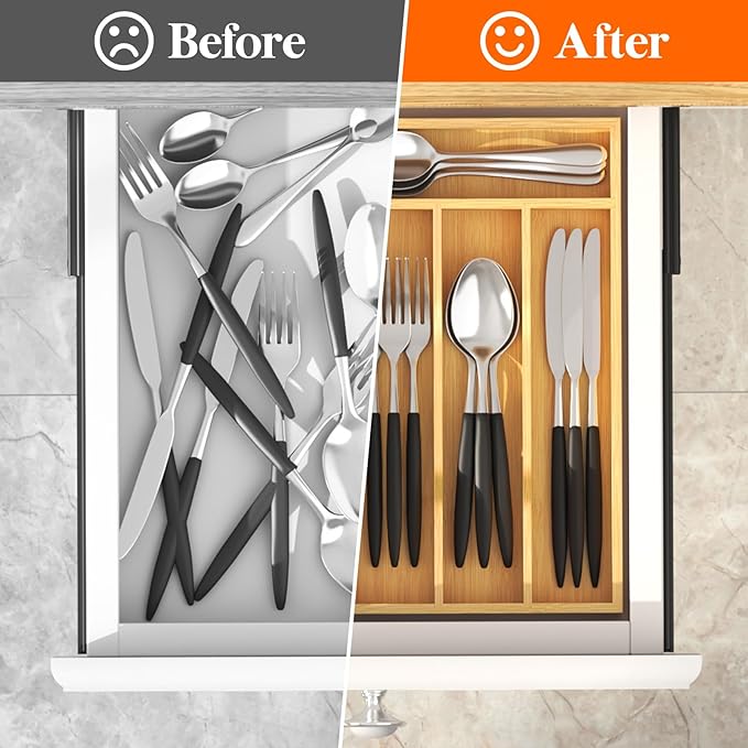 Lifewit Silverware Drawer Organizer, Utensil Tray for Kitchen, 4 Slot Flatware and Cutlery Holder, Storage for Spoons Forks Knives, Natural