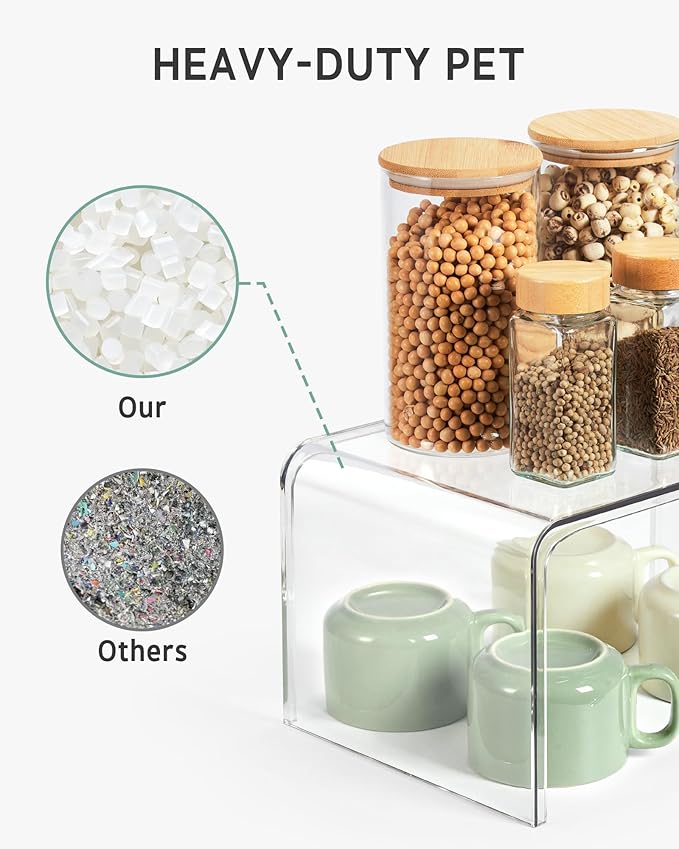 Syntus Cabinet Shelf Organizer, 4 Pack Spice Organization for Cabinet, Seasoning, Plate Organizer Shelf Riser, Clear