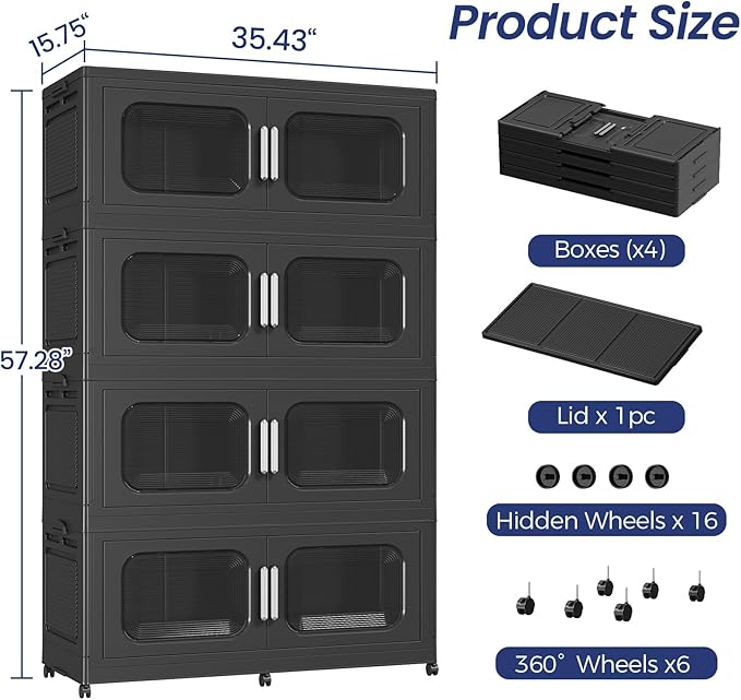QAVABIN 200GAL Extra Large Storage Bins with Lid, 800QT Storage Bins with Wheels, Folding Closet Organizer, Stackable Collapsible Plastic Storage Containers for Home, Office, Kitchen, 4Pack Black