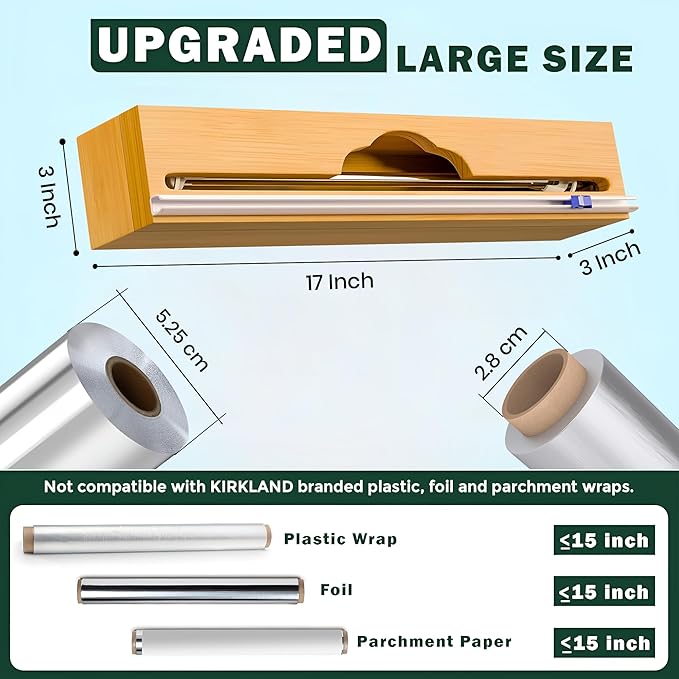 15” Bamboo Plastic Wrap Dispenser with Cutter – Aluminum Foil Dispenser with Cutter for Kitchen – Kitchen Wrap Dispenser for Plastic Wrap, Parchment Paper Roll, Fits Rolls Up to 15 Inches