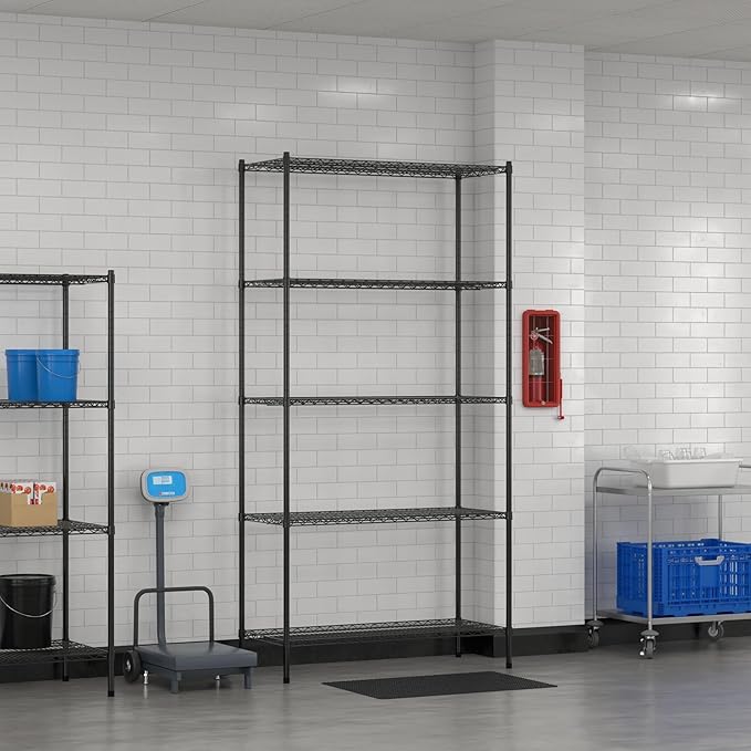 Commercial NSF Listed Black Epoxy Stationary Wire Shelving Kit 21" x 48" x 96", with 5 Shelves Perfect for Warehouse, Walk-in Refrigerator, Freezer, Grocery Store, Restaurant, Dishroom