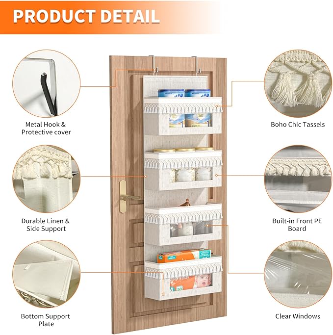 Aokeyee 4 Shelf Over The Door Organizer Nursery, Boho Closet Hanging Organizer Storage with Tassels and Clear Window, Behind The Door Storage for Baby Nursery, Bedroom, Bathroom, Laundry, Pantry