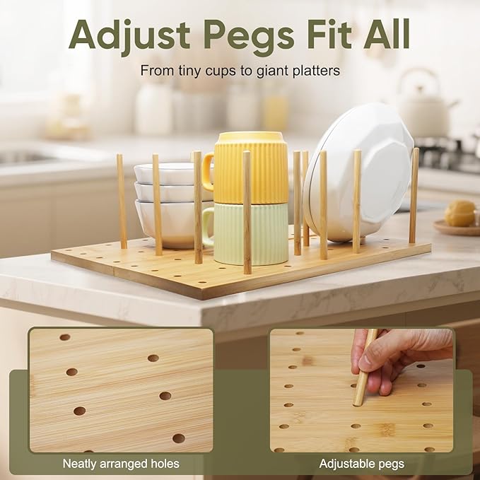 Wooden Pegboard Drawer Organizer Storage - Trimmable Peg Board Organizer for Kitchen Cabinet & RV, Adjustable Shelf with 12 Pegs, for Utensil, Plates & Dishes Rack, 15x5.9 inch, 2 Pack