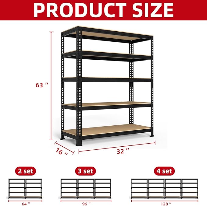 PrimeZone Heavy Duty Garage Storage Shelves, 31.5" W x 16" D x 63" H Adjustable Gargae Shelving, 5 Tier Metal Shelving Unit, Storage Shelf Utility Rack Organizer for Garage, Warehouse, Black, 4 Pack