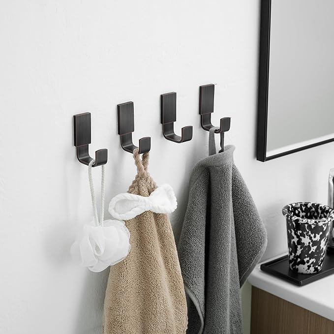 BESy Brass Clothes Hook Single Towel Hook for Bathroom Kitchen Garage Square Style Robe Hooks Coat and Hat Hook, Self Adhesive or Wall Mounted with Screws, Four Packs, Oil Rubbed Bronze