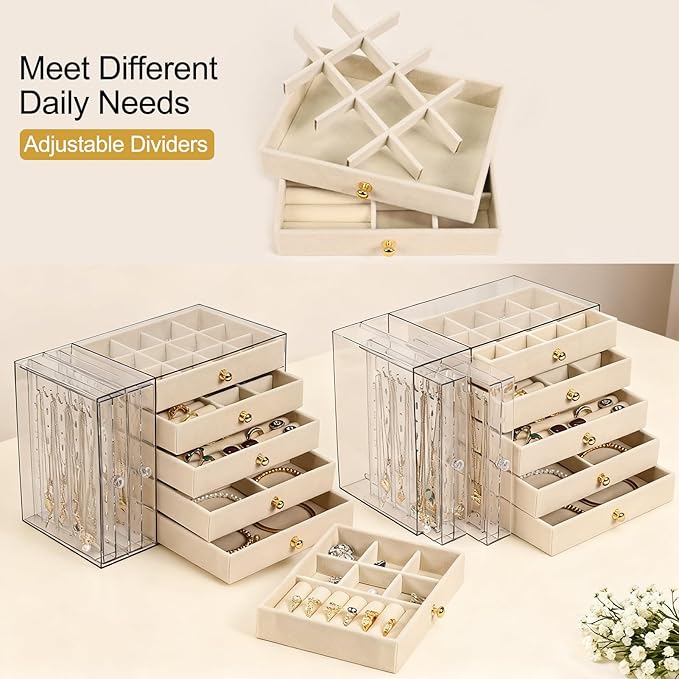 Greenfeather Jewelry Organizer with 7 Removable Drawers, Clear Acrylic Jewelry Box with 16 Necklace Hooks, 48 Pairs of Earring Holes, 5 Velvet-Lined Drawers for Rings, Bracelets, Necklaces,Off-White