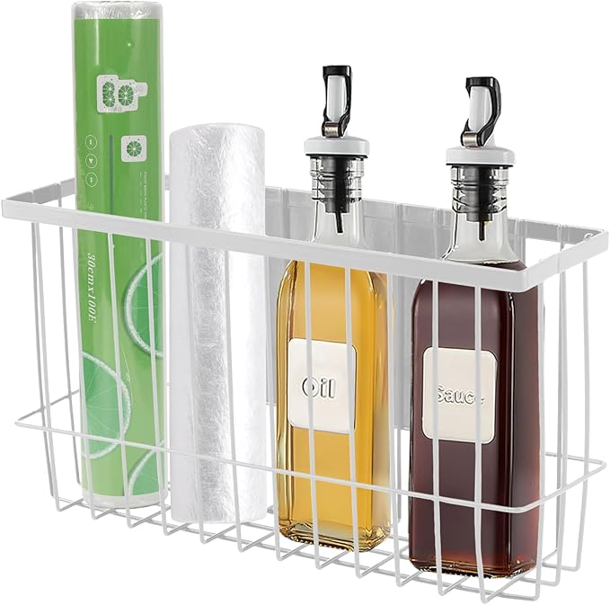 Magnetic Metal Basket Organizer for Fridge & Locker, Storage Basket for Foil/Plastic Wrap/Spice/Dryer Ball, Space-Saving Kitchen & Laundry Solution (White, S)