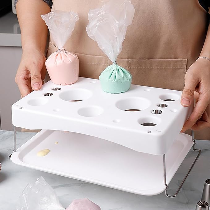Collapsible Piping Bag Stand with Drip Tray - 12 Hole Organizer + Nail Slots | Compact Baking Storage for Countertops, Home Bakeries & Kitchens