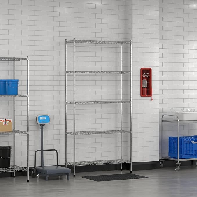Commercial NSF Listed Chrome Stationary Wire Shelving Kit 14" x 42" x 86", with 5 Shelves Perfect for Warehouse, Walk-in Refrigerator, Freezer, Grocery Store, Restaurant, Dishroom