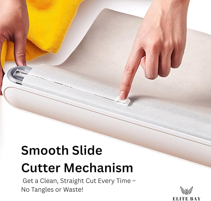 Food Plastic Wrap Dispenser with Sliding Cutter – Refillable ABS Wrap Cutter for Kitchen Use | Includes 80cm Plastic Wrap Roll | Compact, Safe & Easy to Use | Space-Saving Design in White.