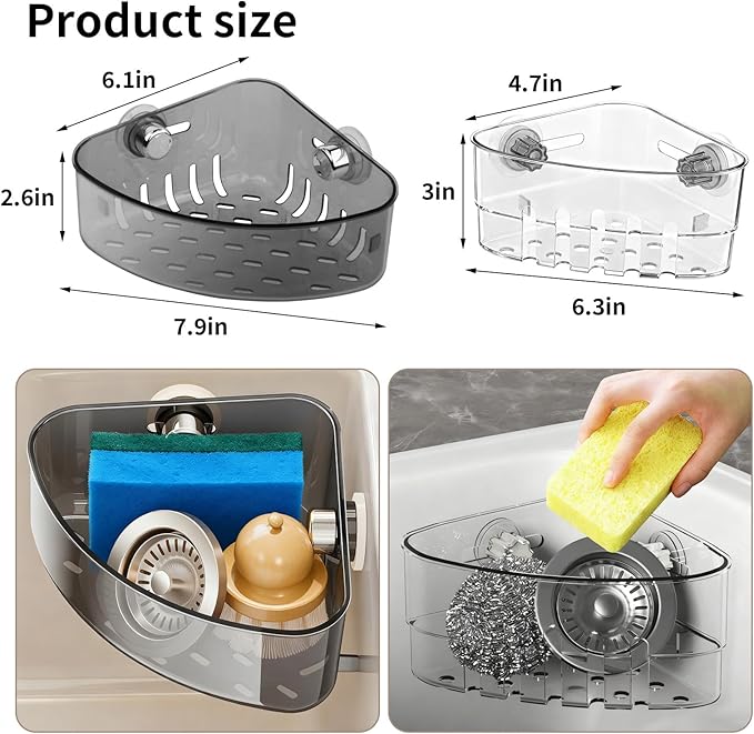 2PCS Sink Organizer Rack,2 Size Suction Sinkware Organizer,Triangle Sink Strainer Basket with Drain Hole, Corner Sink Trash Catcher for Kitchen for Sponges, Scrubbers Sink Corner Drain Box