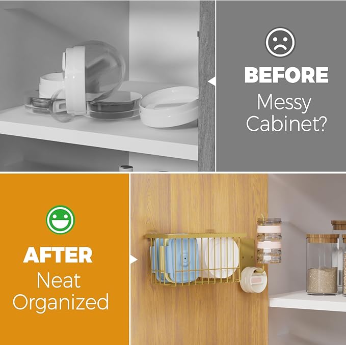4 Pack Adhesive Cabinet Door Organizer - Tumbler Lid Organizer & Kitchen Storage baskets for Kitchen, Bathroom, Inside Cabinet Door Storage for Cup Lids, Spices, Small Supplies, Space-Saving (Gold)