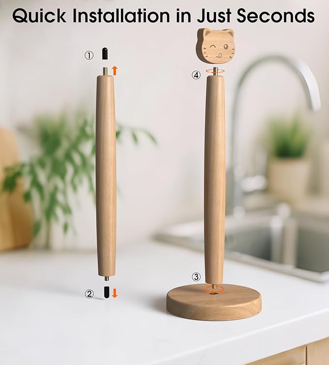 KitchLife Cute Wooden Paper Towel Holder Countertop - Solid Freestanding Paper Towel Dispenser Stand Organizer with Anti-Skid Base (Cat)