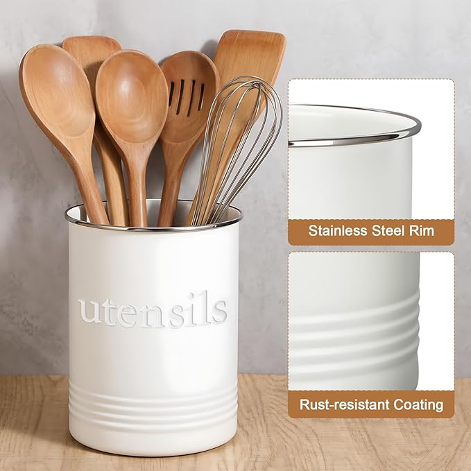 2 Pack Kitchen Utensil Holder for Counter 6.7"+4.7" Farmhouse Cooking Utensil Crock with Cork Bottom Modern Farmhouse Decors Countertop Storage Organizer Caddy Housewarming Gift (White)