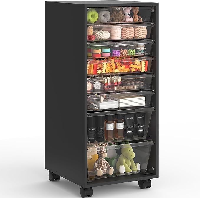 WOPITUES Storage Drawer Cart, Mobile Storage Cabinet, Makeup Storage with 8 Clear Drawers, Utility Wooden Rolling Cart on Wheels, for Cosmetic, Art Craft, Office Supplies, Toy, Black