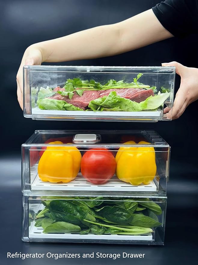 Femoliyes Refrigerator Organizers and Storage Drawer, Stackable Fruit Storage Containers for Fridge, Reusable Fridge Organizer fit for Kitchen Refrigerator and Restaurant Freezer (2 Drawers, Large)