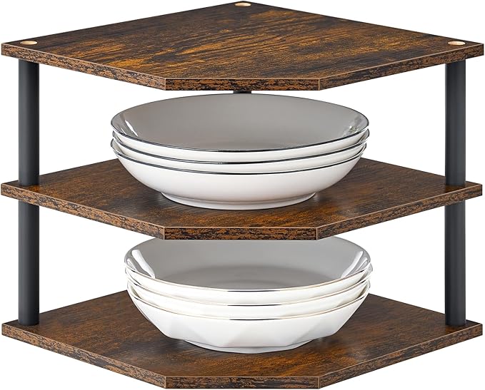 Wooden 3-Tier Corner Shelf, Kitchen Countertop Dish & Bread Organizer Counter Stand Storage for Desktop Bedroom Bathroom Small Space