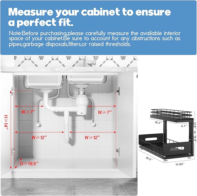 1 Pack 18 IN Depth Under Sink Organizer with Smooth Ball Bearing Slides,2-Tier Pull Out Cabinet Storage,Slide Out Drawers for Bathroom&Kitchen,Rust-resistant Coating,Height Adjustable-Black
