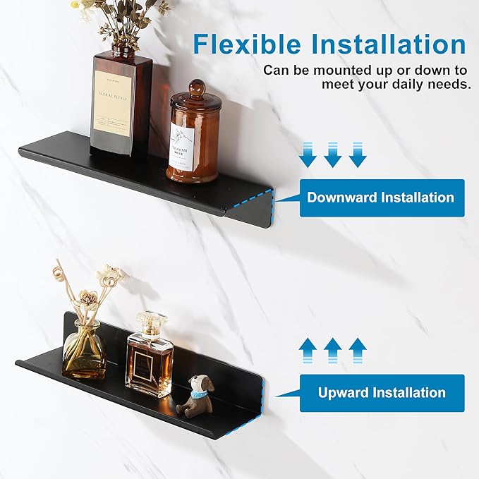SAYAYO Black Floating Shelves for Wall Storage, 12 Inch Adhesive Wall Shelves for Bedroom Decor, Display Bathroom Shelf Organizer for Kitchen, Living Room, Office, 2pcs