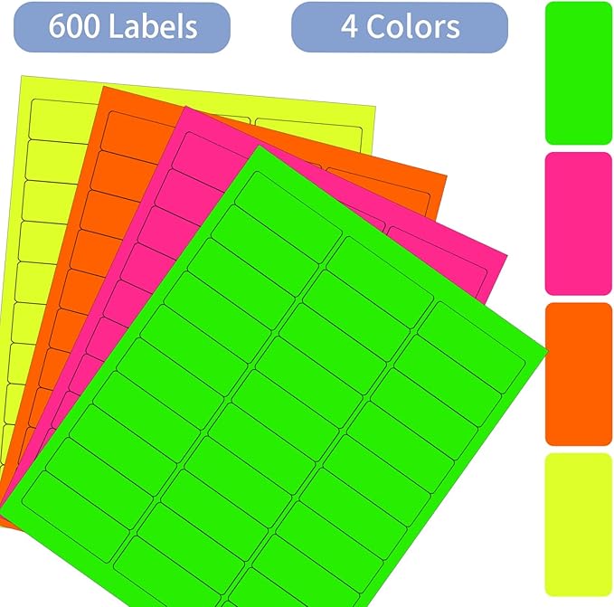 Yegawen 1" x 2-5/8" Colored Labels Stickers, Fluorescent Bright Moving Labels for Laser/Inkjet Printer Permanent Adhesive- 600 Pcs